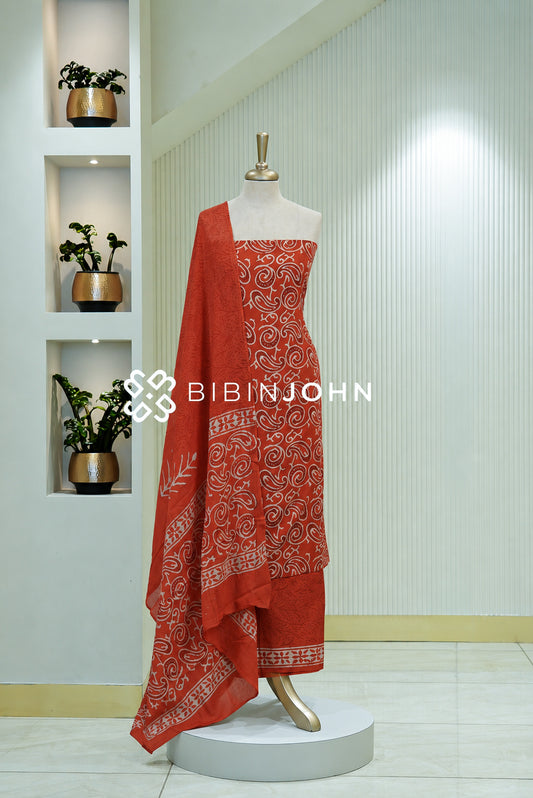 Printed Cotton Unstitched Salwar Suit Material Vermilion Red BJ1804