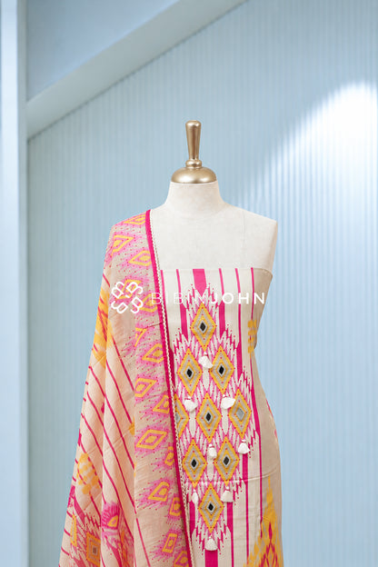 Cotton Embroidery Unstitched Salwar Suit Material Cream With Hot Pink BJ2031