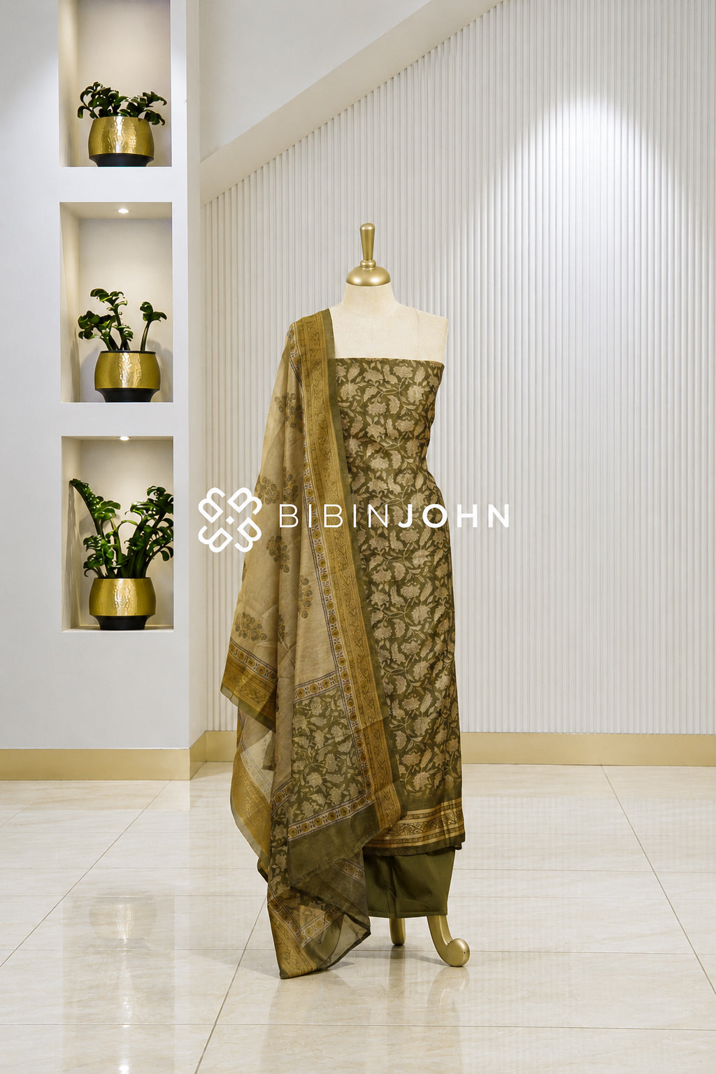 Printed Chanderi Unstitched Salwar Suit Dress Material Olive Green BJ1824