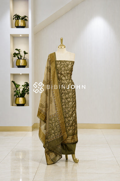 Printed Chanderi Unstitched Salwar Suit Dress Material Olive Green BJ1824