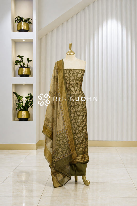 Printed Chanderi Unstitched Salwar Suit Dress Material Olive Green BJ1824