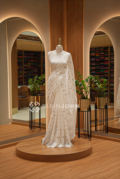 Linen Embroidery Saree Ivory-White BJ0944
