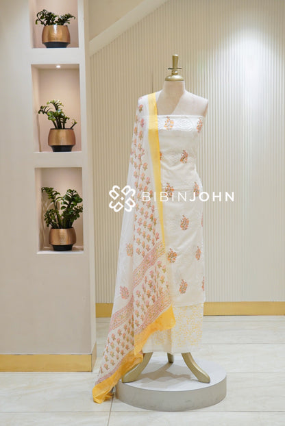 Cotton Embroidery Unstitched Salwar Suit Material Off White With Pastel Yellow BJ2812