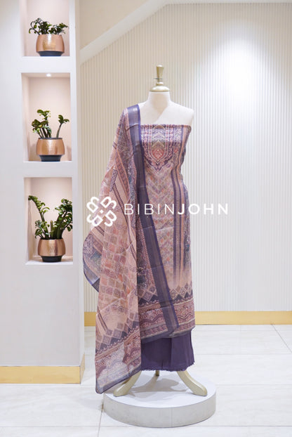 Tissue Linen Embroidery Unstitched Salwar Suit Material Dusty Lavender With Mauve BJ2479