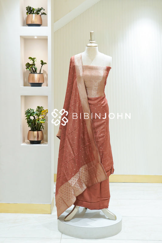 Silk Banarasi Unstitched Salwar Suit Materials Peach Copper BJ1685