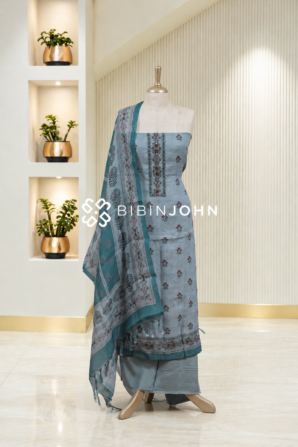 Art Linen Embroidery Unstitched Salwar Suit Material Dusty Blue BJ1912