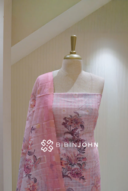Semi Linen Embroidery Unstitched Salwar Suit Material Pastel Pink BJ2515