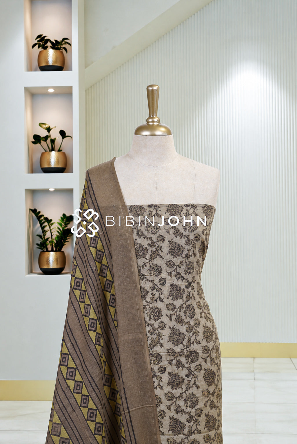 Cotton Ajrak Printed Salwar Suit Material Warm Beige BJ1803