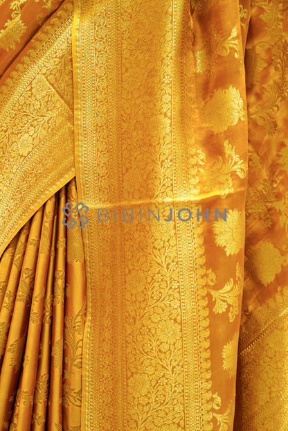 Satin Brocade Saree For Women Mustard Gold SIDE VIEW