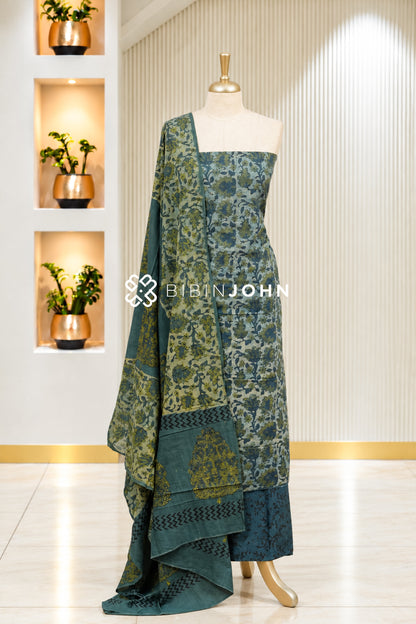 Printed Cotton Unstitched Salwar Suit Material Dusty Teal Green BJ1938