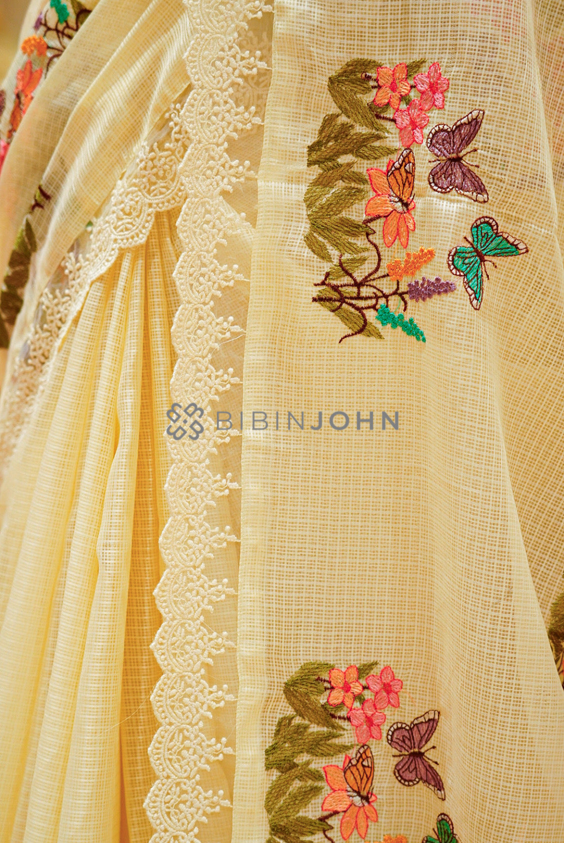 Cotta Embroidery Saree For Women Pale Yellow side view