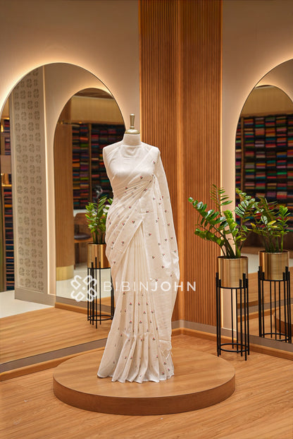 Linen Embroidery Saree Ivory-White BJ0945