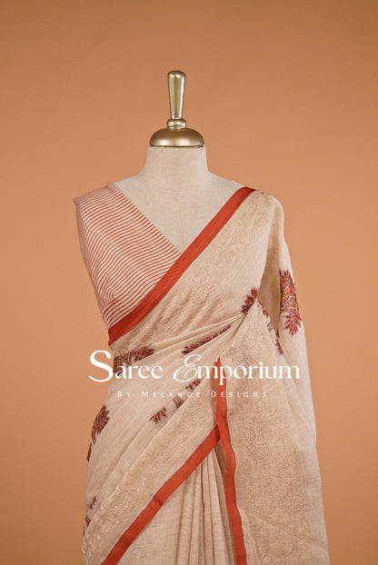 Art Linen Embroidery Saree For Women Beige & Brick BJ057