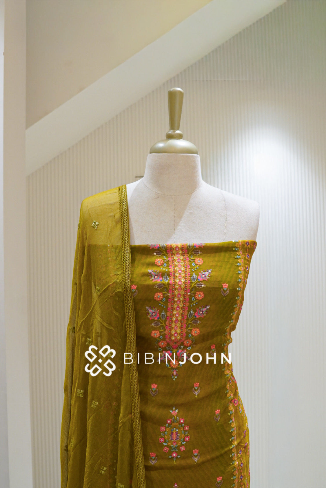 Organza Embroidery Unstitched Salwar Suit Material Mustard Olive BJ1906