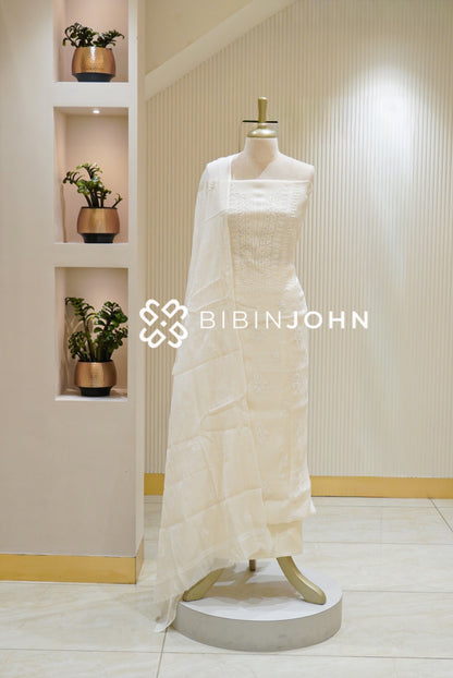 Chanderi Chikankari Unstitched Salwar Suit Material Ivory White BJ2829
