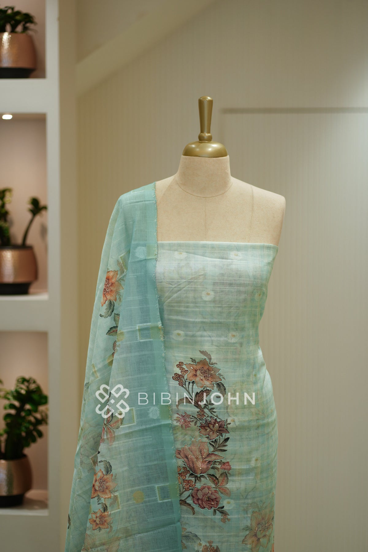 Art Linen Embroidery Unstitched Salwar Suit Material Pastel Aqua Green BJ2374