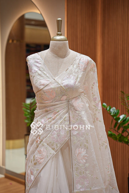 Organza Embroidery Saree White BJ1018