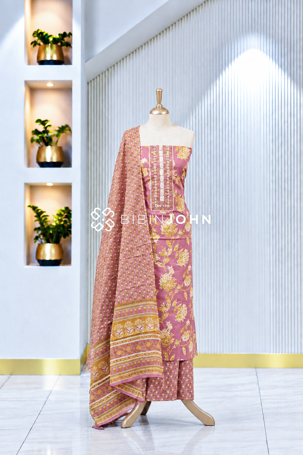 Printed Cotton Unstitched Salwar Suit Material Dusty Rose Pink With  Mustard Yellow BJ1980