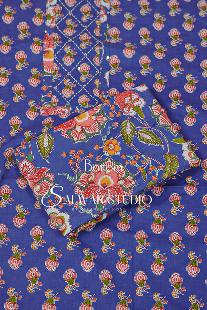 Printed Cotton Unstitched Salwar Suit Dress Material Royal Blue AC0166
