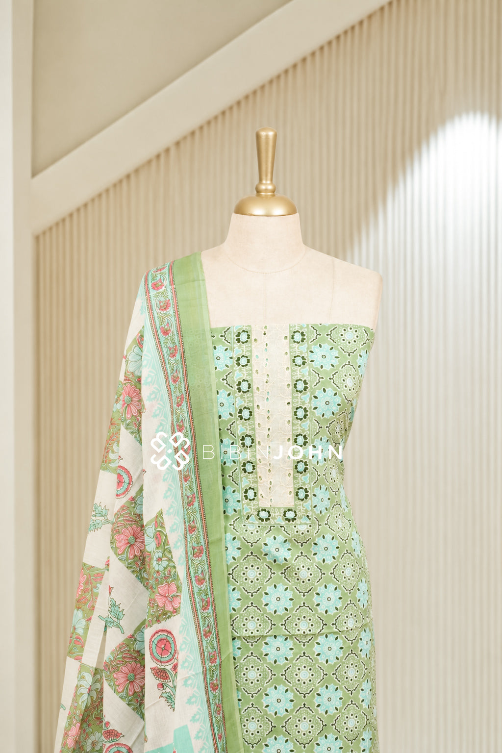 Printed Cotton Unstitched Salwar Suit Material Pastel Mint Green BJ1944