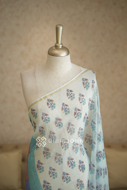 Cotton Cotta Dupatta For Women Ivory White With Pastel Turquoise BJ2396