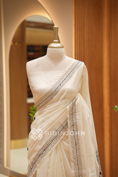 Silk Embroidery Saree For Women Ivory Cream With Black BJ1653