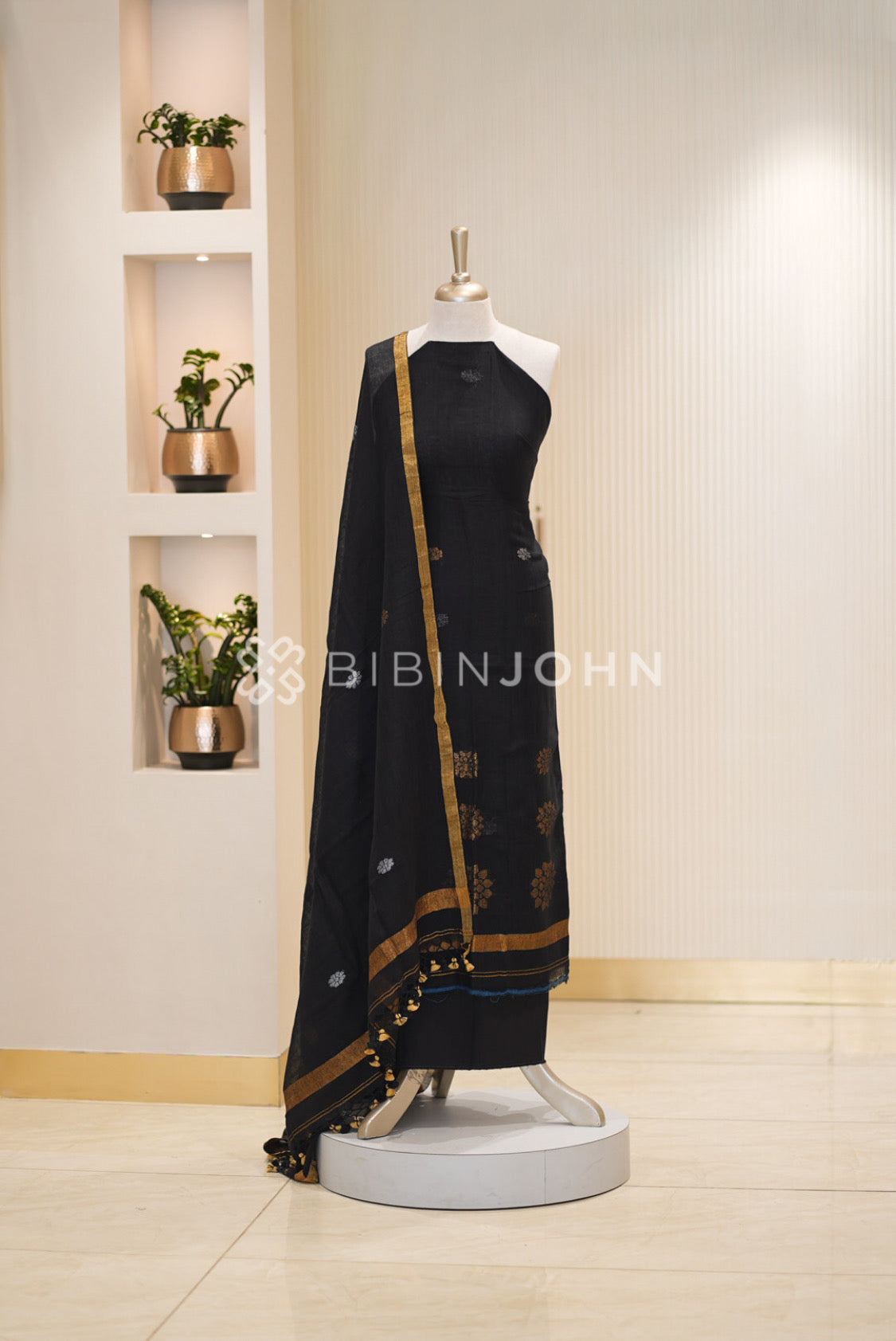 Printed Linen Jamdani Unstitched Salwar Suit Material Black BJ0843