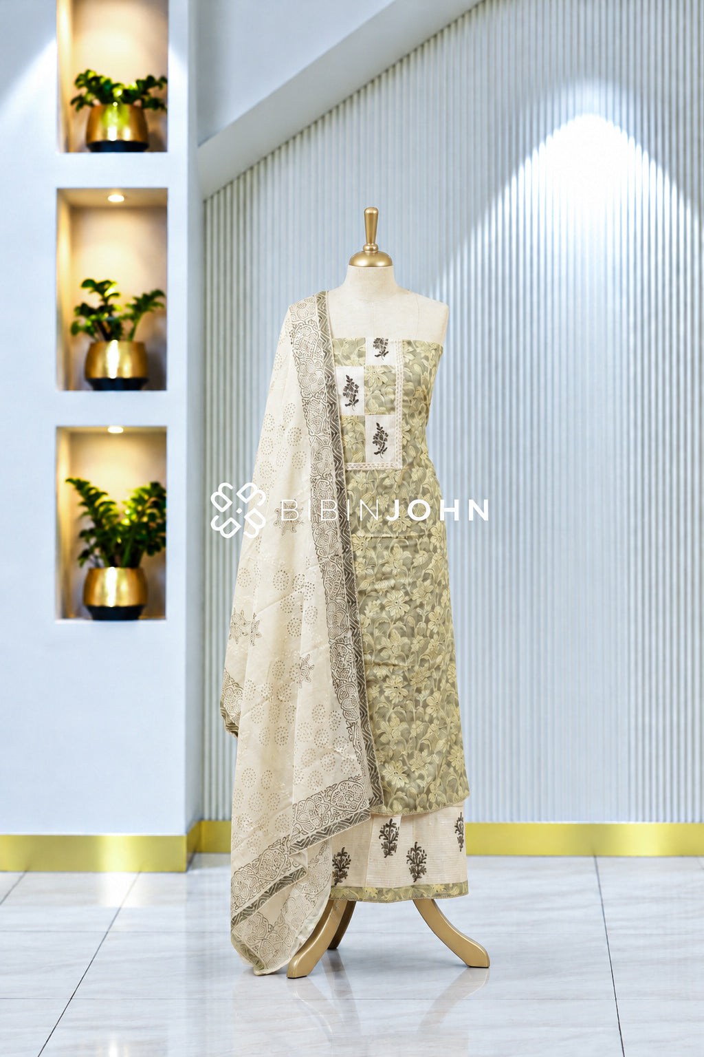 Printed Cotton Unstitched Salwar Suit Material Olive Green BJ1981