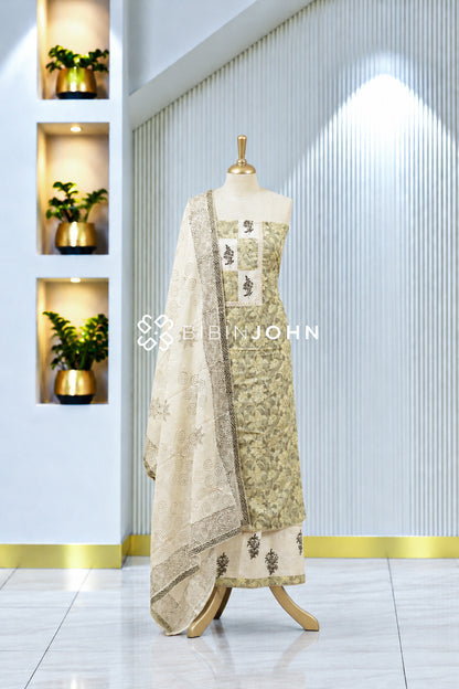 Printed Cotton Unstitched Salwar Suit Material Olive Green BJ1981