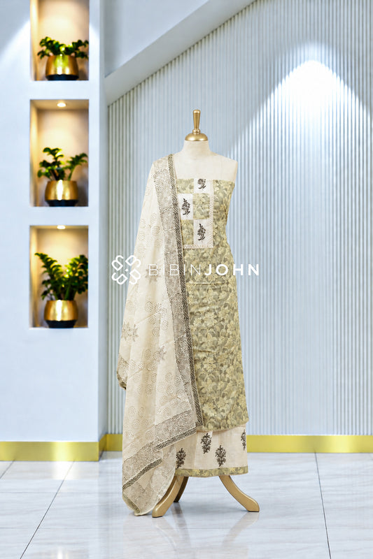 Printed Cotton Unstitched Salwar Suit Material Olive Green BJ1981