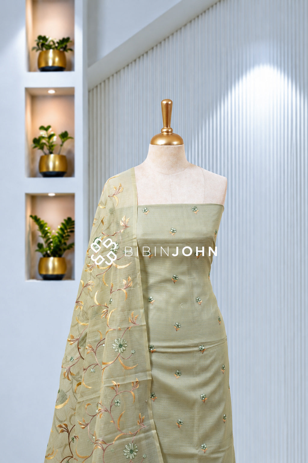 Cotta Embroidery Unstitched Salwar Suit Dress Material Sage Green  BJ1961