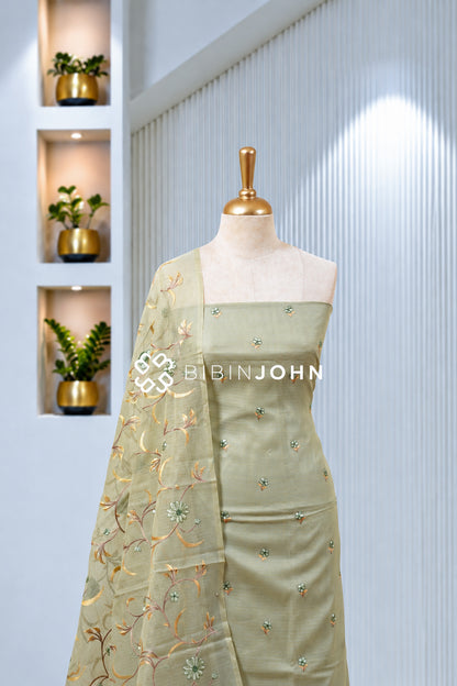 Cotta Embroidery Unstitched Salwar Suit Dress Material Sage Green  BJ1961