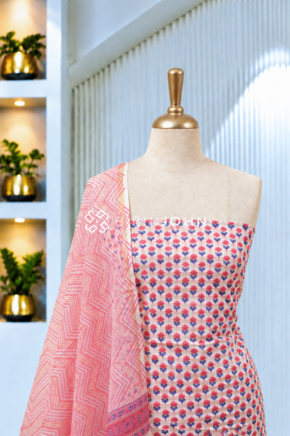 Printed Cotton Unstitched Salwar Suit Material Ivory with Pink BJ1992