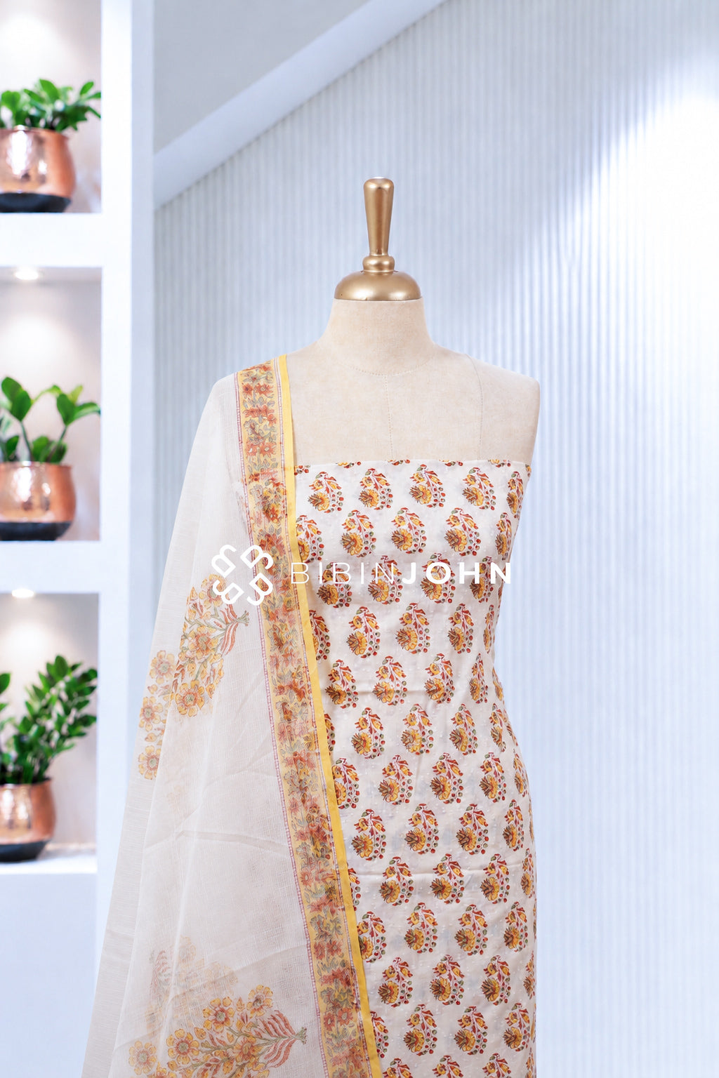 Printed Cotton Unstitched Salwar Suit Material Ivory White BJ2013