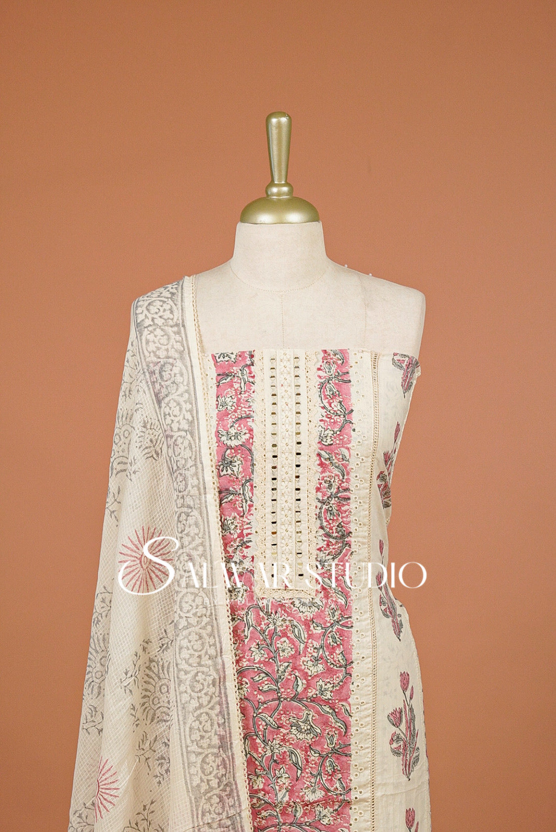 Embroidery Unstitched Salwar Suit Dress Material Off-White With Pink AC0315
