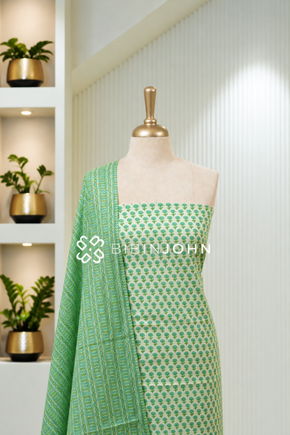 Printed Cotton Unstitched Salwar Suit Material Ivory with Green BJ1953