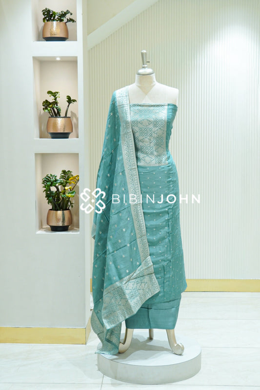 Silk Banarasi Unstitched Salwar Suit Materials Aqua Blue BJ1686