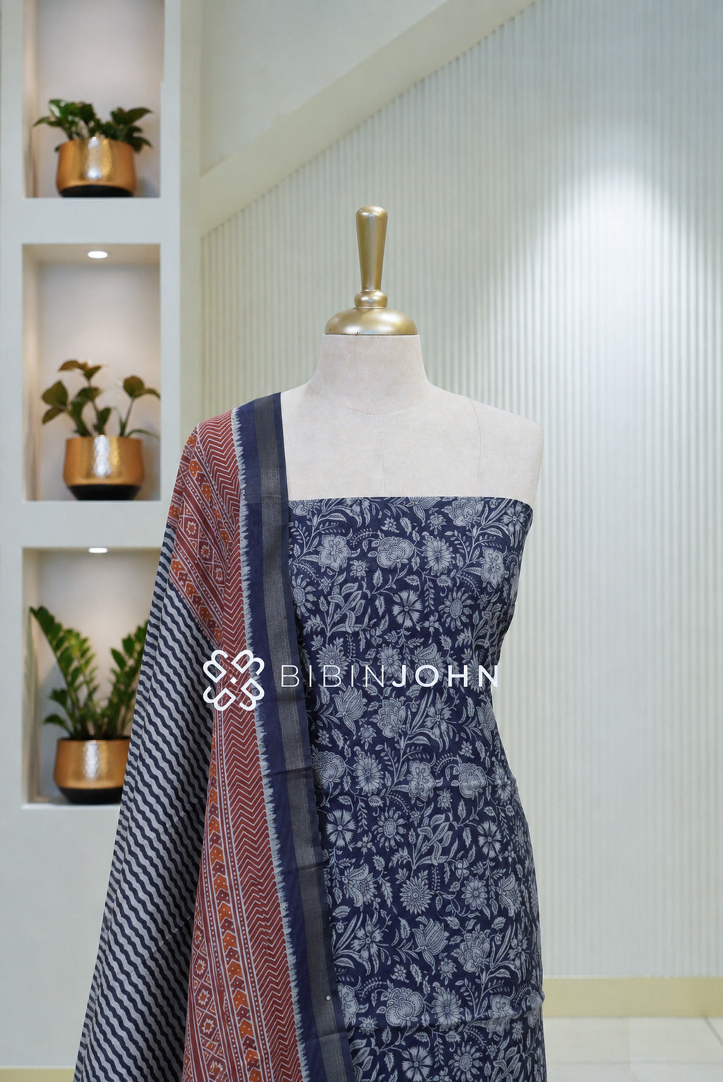 Printed Chanderi Unstitched Salwar Suit Material Indigo Blue BJ1794