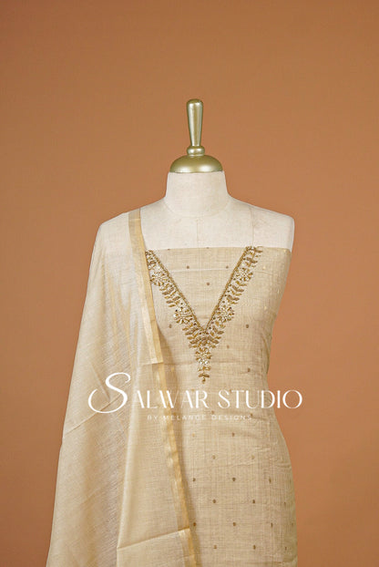 Chanderi Embroidery Unstitched Salwar Suit Dress Material Ivory AC0306