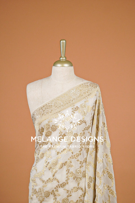 Georgette Banarasi Dupatta For Women White with Antique Gold BJ0091