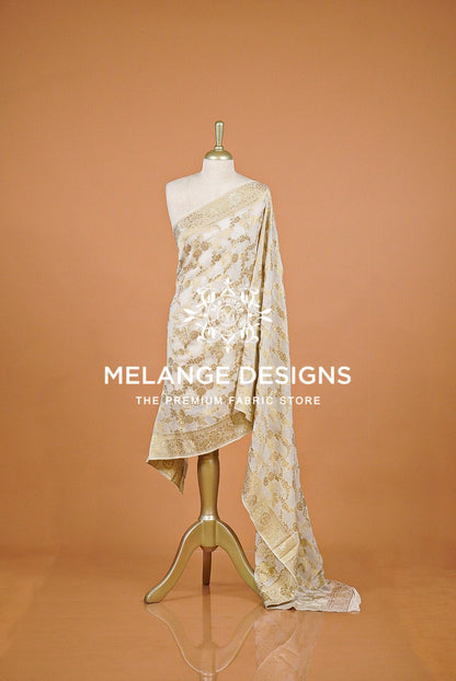 Georgette Banarasi Dupatta For Women White with Antique Gold BJ0091