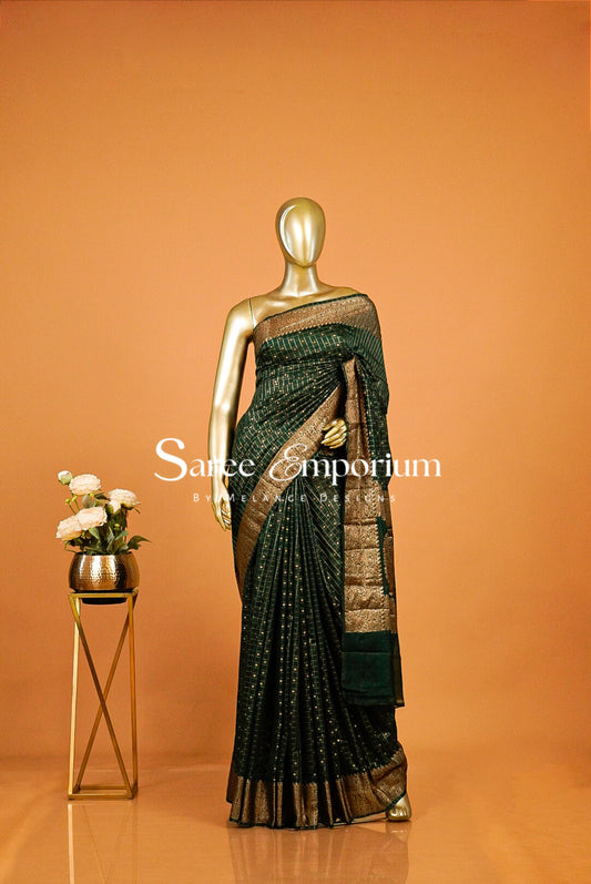 Kanchi Banarasi Saree For Women Bottle Green with Antique Gold MDS0385