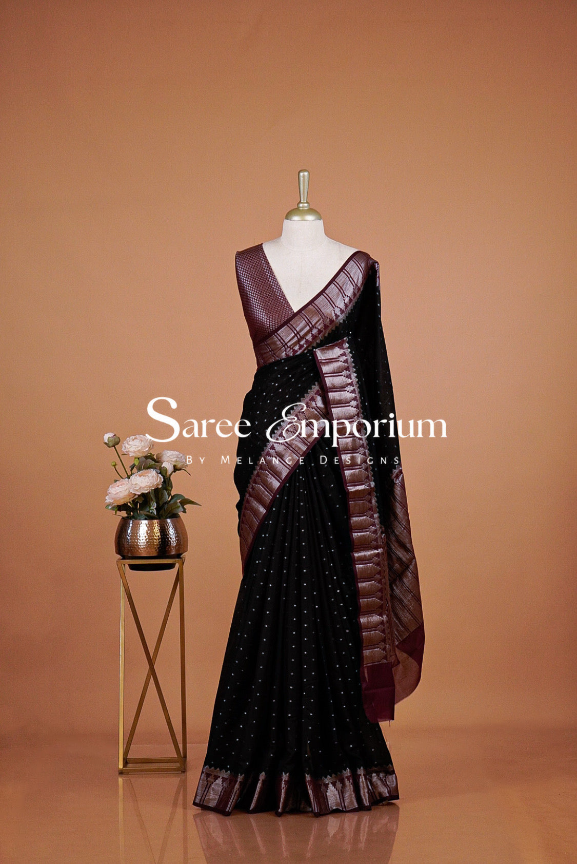 Kanchi Banarasi Saree For Women Black with Wine-Maroon.