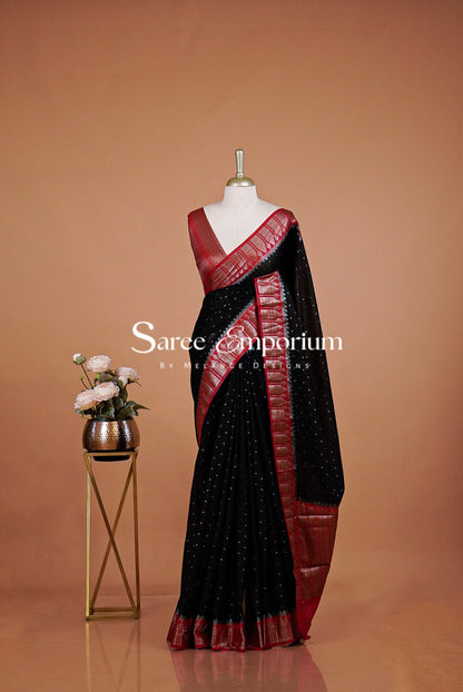Kanchi Banarasi Saree For Women  Black with Bright Red .