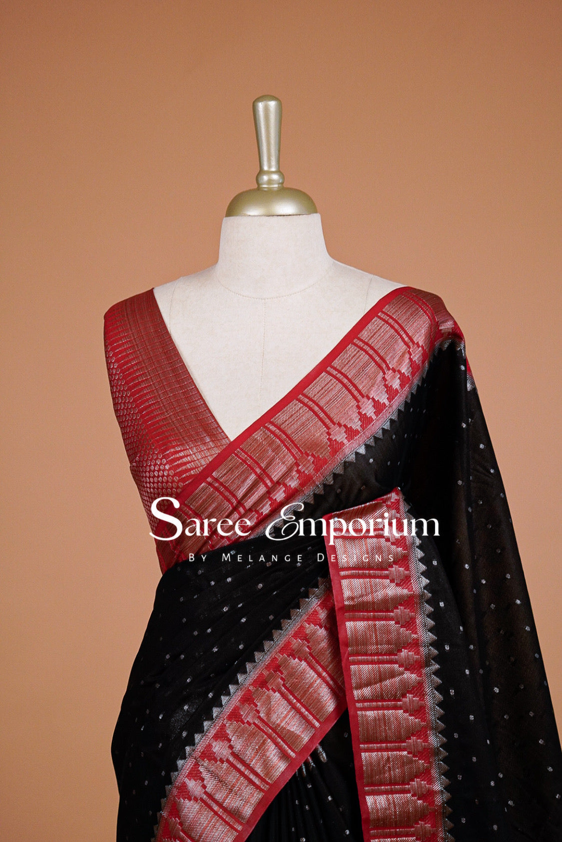 Kanchi Banarasi Saree For Women  Black with Bright Red Close Up.