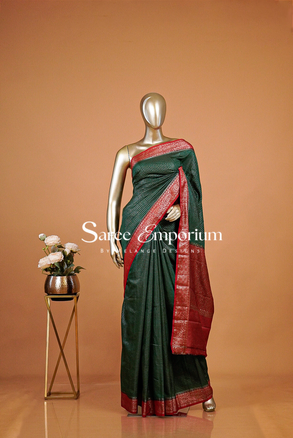 Kanchi Banarasi Saree For Women Bottle Green & Ruby Red