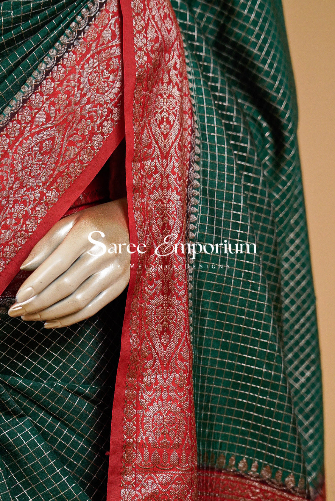 Kanchi Banarasi Saree For Women Bottle Green & Ruby Red