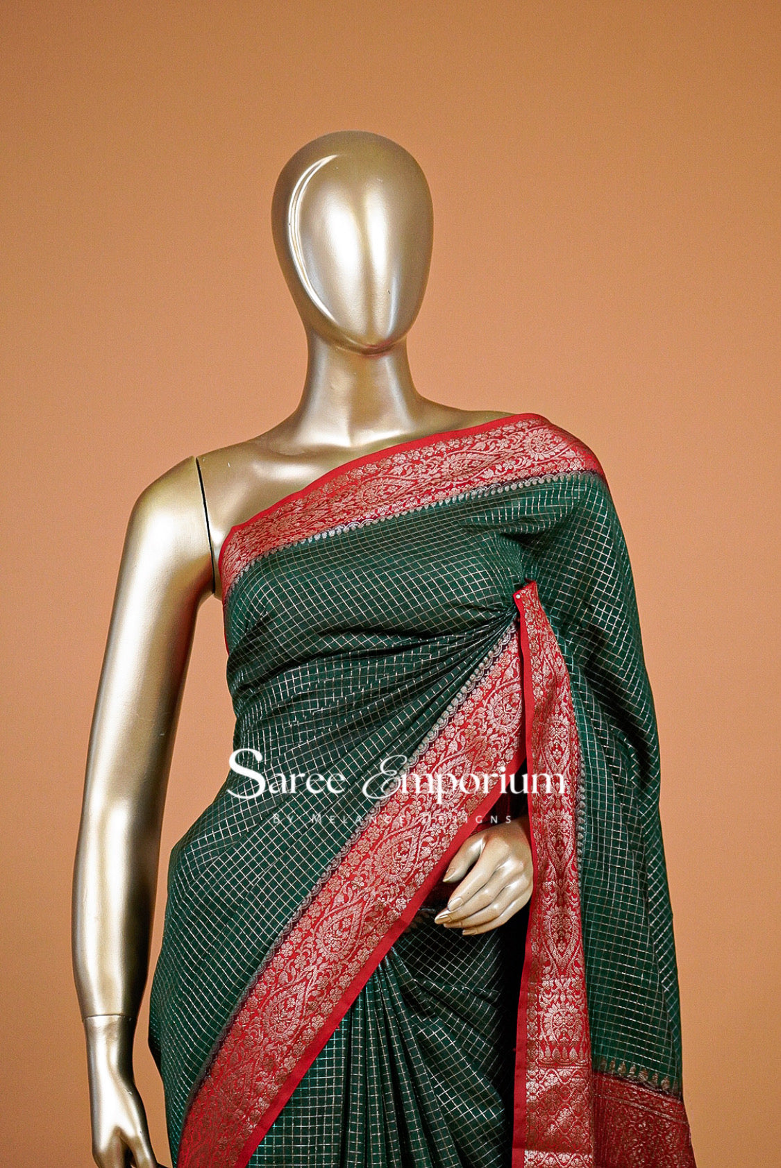 Kanchi Banarasi Saree For Women Bottle Green & Ruby Red