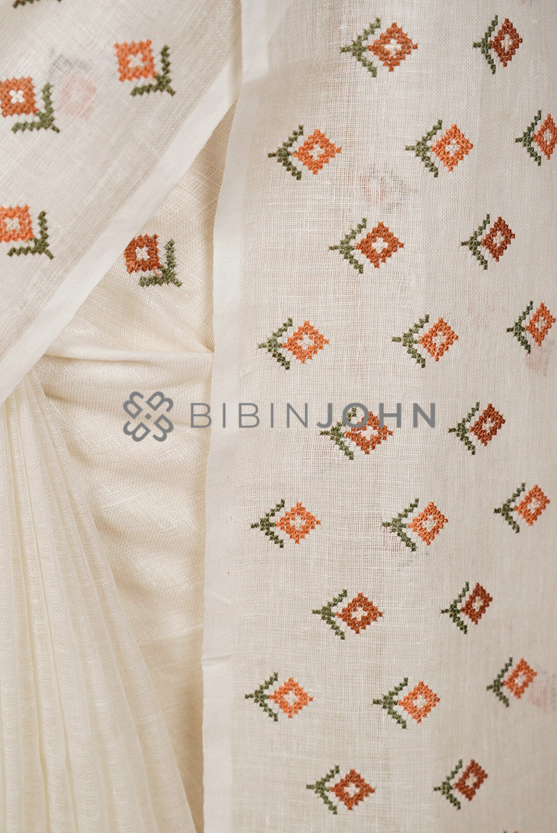Linen Embroidery Saree For Women White Side View