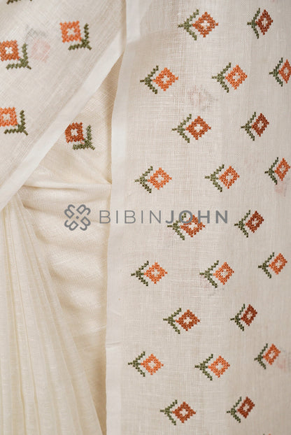Linen Embroidery Saree For Women White Side View